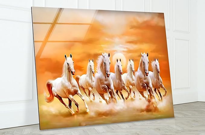 My Photostation.com 35.5Wx30H'' White Horses Running on Sunset Glass Wall ArtTempered Glass Printing Wall Decor Large Wall Art Wall Hangings