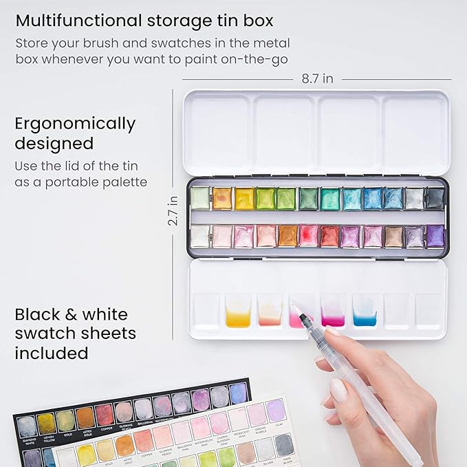 ARTEZA Watercolor Paint Set, 24 Metallic Watercolor Paints, Glitter Watercolor Paint in Half Pans, Travel Watercolor Set