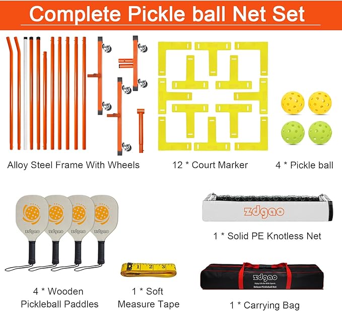 Zdgao Pickleball Set with Net for Driveway, 22 FT Regulation Size Pickle Ball Net Set with Pickleballs, Court Markers and Carry Bag, Steady Metal Frame for Outdoor, Indoor Court