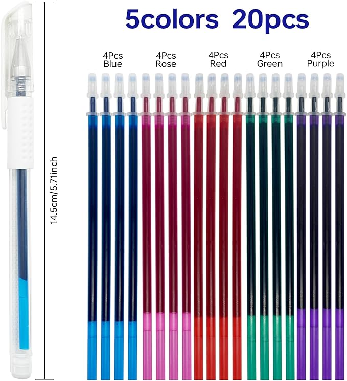 5 Colors Water Erasable Fabric Marking Pen with 20 Refills for Cross Stitch, Embroidery, Sewing, Quilting DIY (red,rose, blue, green, purple)