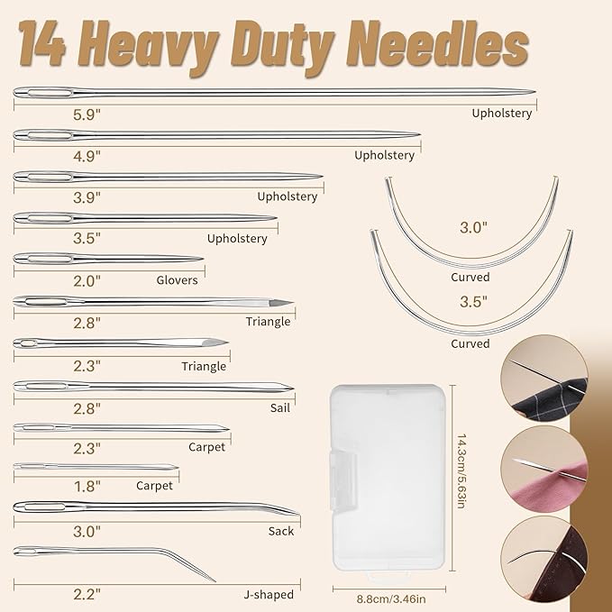 IMZAY 132 Yards Upholstery Repair Kit, 0.55MM and 0.8MM Waxed Sewing Thread with 14 PCS Heavy Duty Needles, Thimbles for Leather Sewing, Bookbinding, Beading, Stitching (3 Colors)