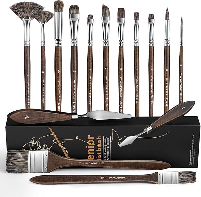Oil Paint Brush Set, 15Pcs Fuumuui Professional Paint Brushes Natural Badger Bristle with Flat, Fan, Angle, Round, Filbert for Oil, Acrylic Canvas Paintings with 2pc Palette Knife