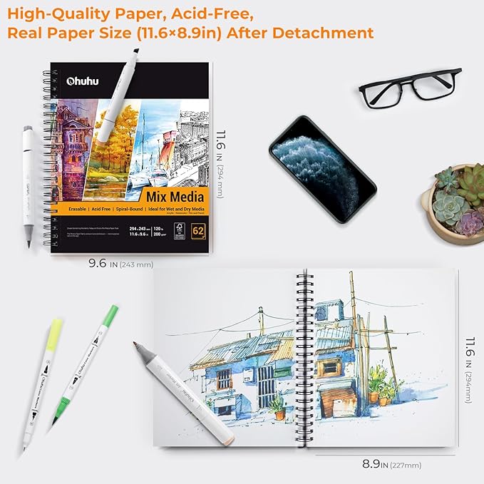 Mix Media Pad, Ohuhu Mixed Media Art Sketchbook, 120 LB/200 GSM Heavyweight Papers, 62 Sheets/124 Pages, Spiral Bound Mixed Media Paper Pad for Christmas Gift