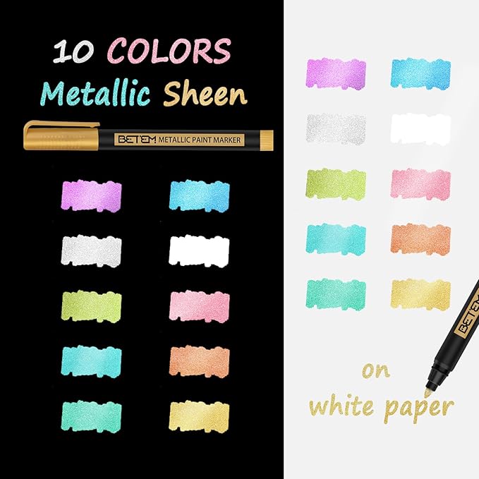 Betem Metallic Paint Markers, 10 Colors Acrylic Paint Metallic Markers for Black Paper, 2mm Medium Tips Glitter Pens Scrapbooking Supplies, Pumpkin Painting Kit for Rock Painting, Cards, Photo Albums