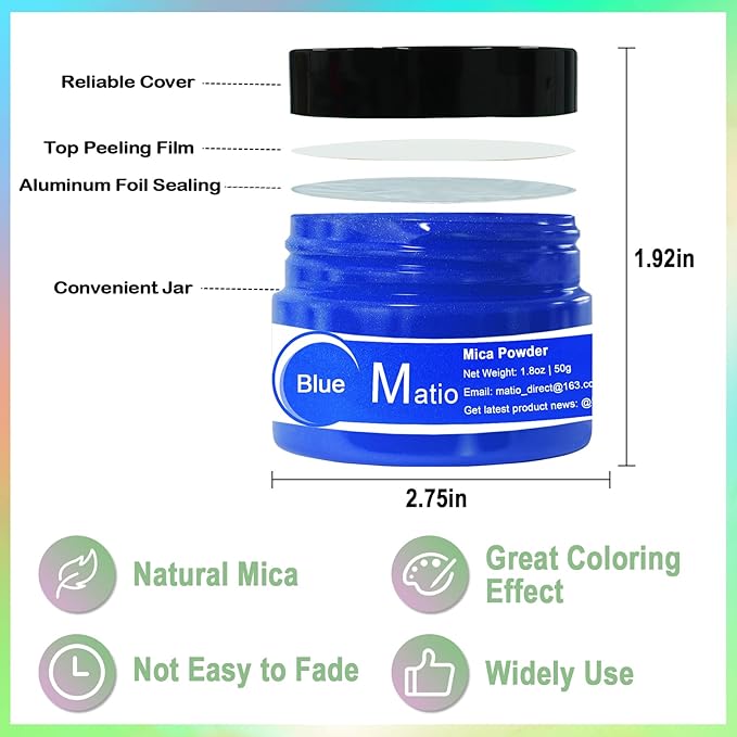 Matio Blue Mica Powder for Epoxy Resin, 1.8oz/ 50g Pearlescent Effect Mica Powder Natural Color Pigment for Soap Making, Bath Bomb, Candle Dye, Resin Craft, Paint, Nails Art, Jewelry, Slime Pigment