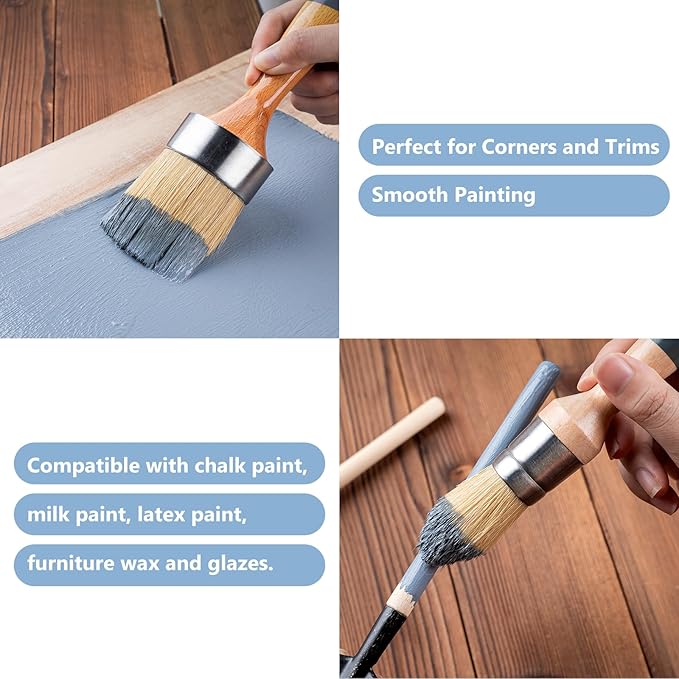 Mister Rui Chalk Paint Brushes, 3 Pack Wax Brush Set, Round Paint Brush Use with All Paints, Natural Bristle Brush for Painting, Stencils, Waxing, Home Decor, DIY Art Crafts