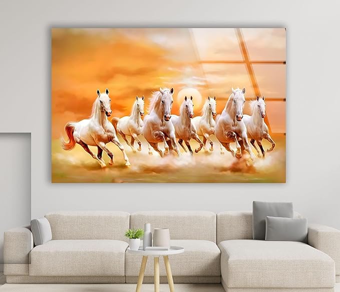 My Photostation.com 48Wx32H'' White Horses Running on Sunset Glass Wall ArtTempered Glass Printing Wall Decor Large Wall Art Wall Hangings