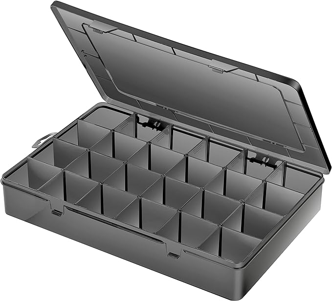 Large 24 Grids Plastic Organizer Box Adjustable Dividers,Clear Storage Box for Jewelry, Art DIY Crafts, Washi Tapes, Beads and Small Parts(Black, 1Pack)