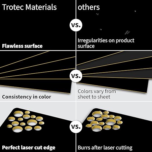 Trotec TroLase | 12"x12"x1/16", 8 Pcs | Black/Gold | 2 Ply | Modified Acrylic | Laser Engraving Double Color Plastic Sheet | Engraving Blanks for Laser, Saw, Guillotine | Made in USA
