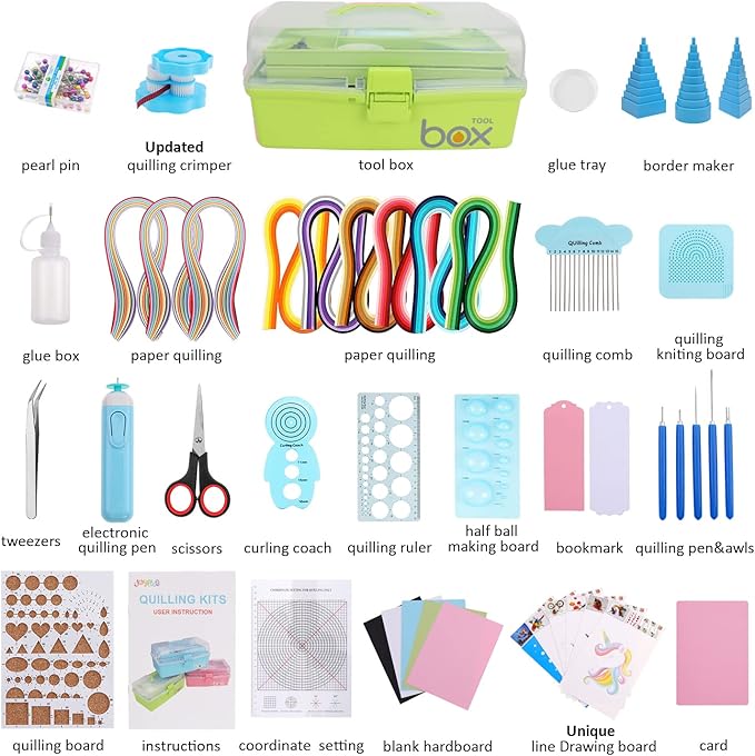 JoyPlus Quilling Kits for Beginners with Manual, 24 Tools & Supplies with Durable Storage Box, Updated Paper Crimper Tool, Premium Husking Board & Electronic Pen Green