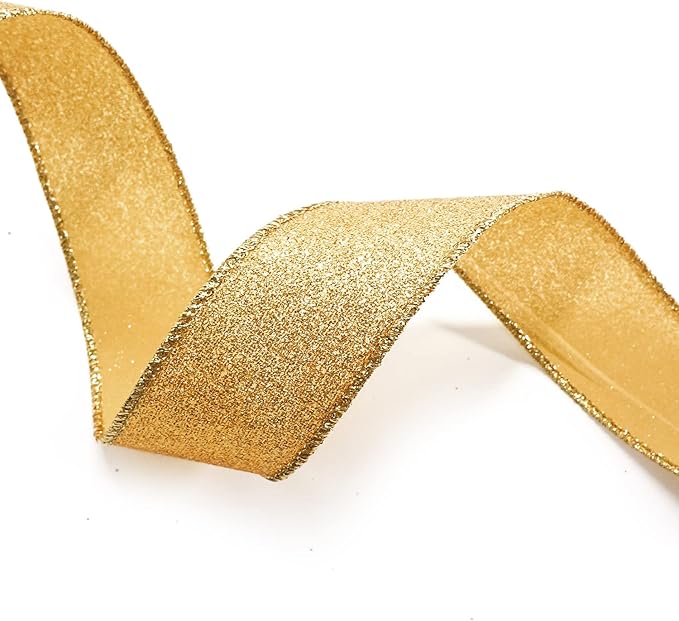 CT CRAFT LLC Glitter Wired Ribbon 1.5" x 10 Yards Yellow Gold for Christmas Home Decor Bow Gift Wrapping DIY Crafts Wreath