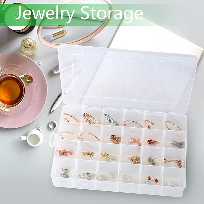 Large 24 Grids Plastic Organizer Box Adjustable Dividers,Clear Storage Box for Jewelry, Art DIY Crafts, Washi Tapes, Beads and Small Parts(3 Pack)