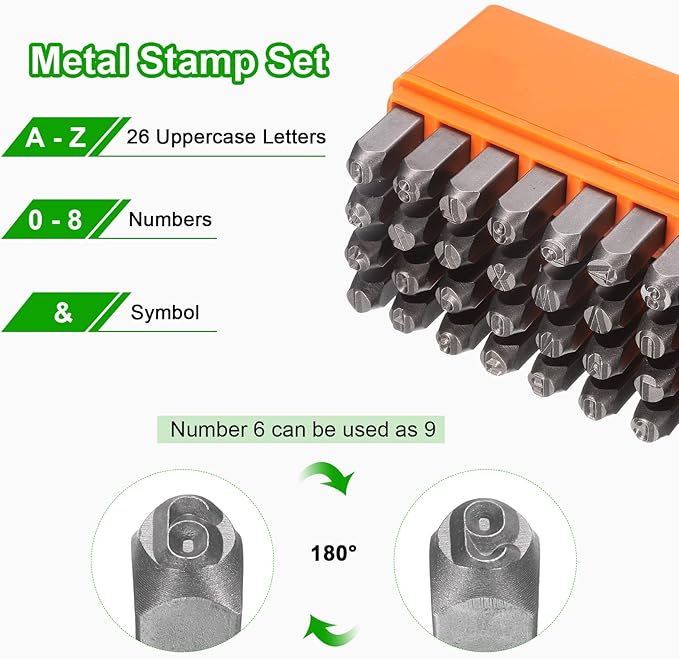 HARFINGTON 36pcs Metal Stamping Kit 1/4" (6mm) Steel Uppercase Letter and Number Punch Set (A-Z / 0-8 / "&" Symbol) Punch Press Tool with Case for Imprinting Metal Plastic Wood Leather