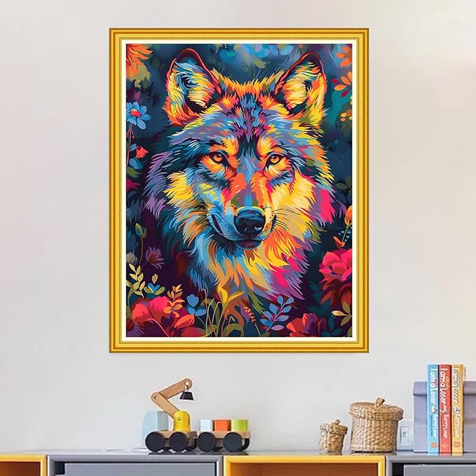 Magxvouy Cross Stitch Kits Stamped Full Range of Embroidery Kits,Cross Stitch Patterns Needlework Kits for Beginners 11CT Printed Kits&Colorful Wolf 16x20 inch