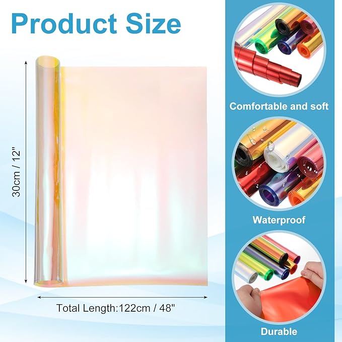 MECCANIXITY Holographic Clear PVC Vinyl Film Holographic PVC Fabric Waterproof Dichroic Film 12 x 48 Inch for Handbags Bows Earrings DIY Craft,Transparent
