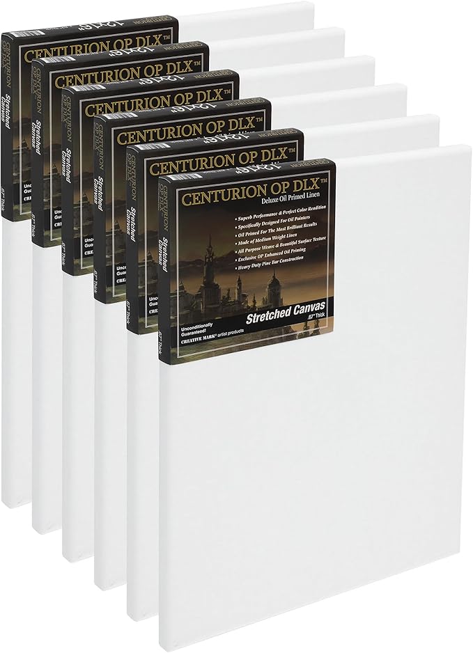 Centurion Deluxe Professional Oil Primed Linen Stretched Canvas, 11oz Linen, 18x24 - Box of 6, 0.67" Deep Canvases, Kiln-Dried Stretchers, Back Stapled, Premium Medium Weight Canvas for Oil Paintings