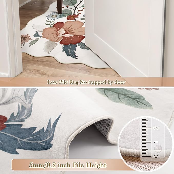 Beeiva 5 x 7 Area Rugs - Scalloped Floral Printed Beige Playroom Rug for Dorm Non Slip Washable Neutral Area Rug Soft Ultra-Thin Aesthetic Throw Carpet for Kids Room Nursery Living Room(Beige,5x7ft)