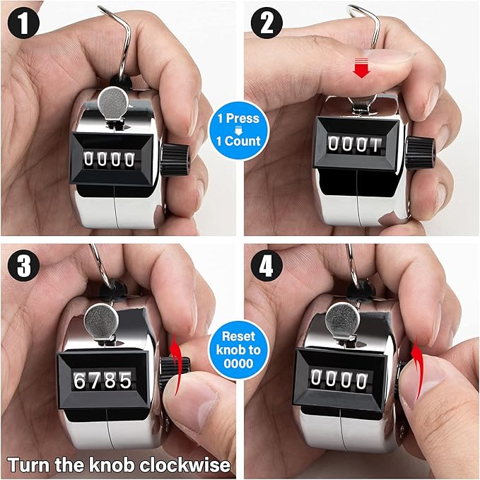 Tally Counter, 4-Digit Clicker Counter, Metal Hand Tally Counters Clicker Pitch Counter for Counting, Knitting, Coaching, Golf, Lap, Fishing