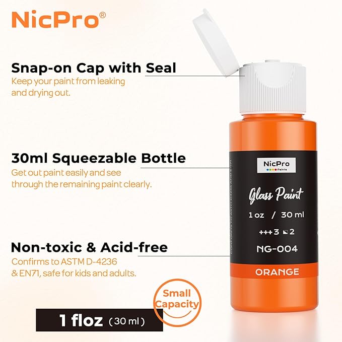 Nicpro 18 Colors Stained Glass Paint Set, 1oz / 30ml Waterproof Acrylic Enamel & Ceramic Glass Painting Kit for Arts on Transparent Wine Glasses Jars Windows with 6 Brushes & 1 Palette, Opaque Finish