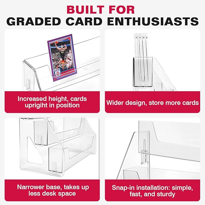 Trading Card Display Stand, Vertical Holder for Baseball Basketball Sports Graded Card Display Stand Tabletop for PSA BGS SGC Slabs, Snap-On Assembly(3 Tier, 1 Pack)