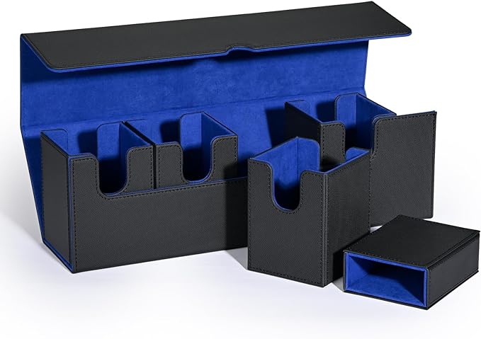 Card Deck Box with Dice Tray for MTG, 5 in 1 Card Deck Case Holds 800+ Unsleeved Cards, Strong Magnet Organizer Compatible with Yugioh TCG Sports Cards (Black Blue)