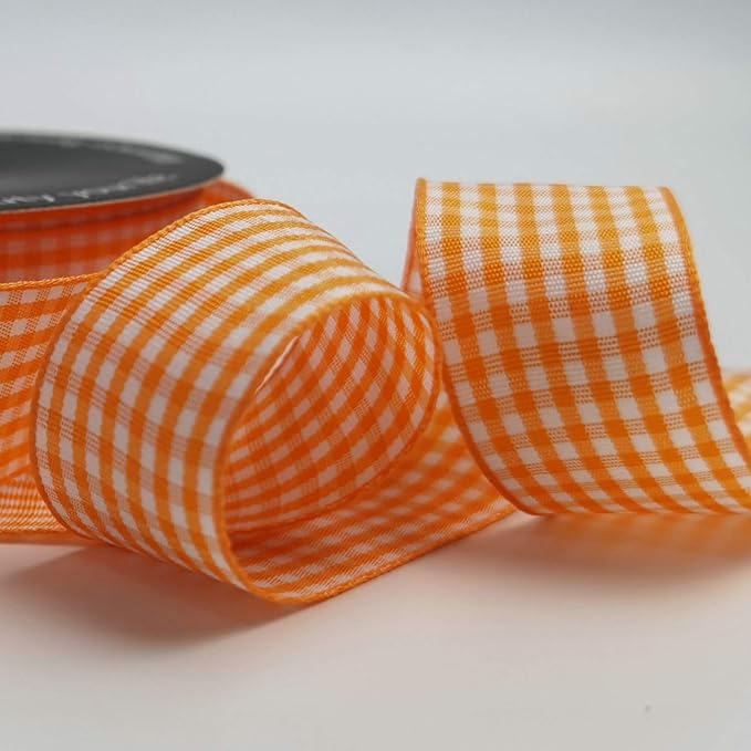 Micomon Orange Gingham Plaid Checked Ribbon 25 Yard Each Roll 100% Polyester (1", Orange)