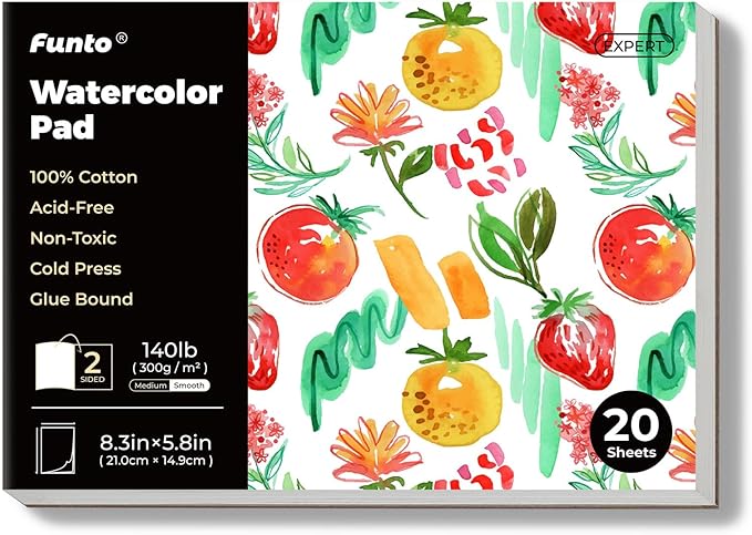 Funto Watercolor Pads, 100% Cotton, 20 Sheets, 8.3X 5.8”, 140lb/300gsm, Glue Bound, Double-Sided, Easy Tear Heavyweight Art Paper for Painting