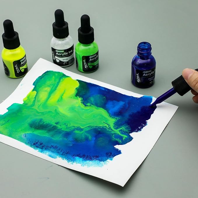 Mont Marte Acrylic Ink Premium 12pc x 20ml (0.7 US fl.oz), Acrylic Inks for Artists, Essential Colors, Ideal for Air Brush, Pouring Art, Scrapbooking, Ink Drawing, Mixed Media