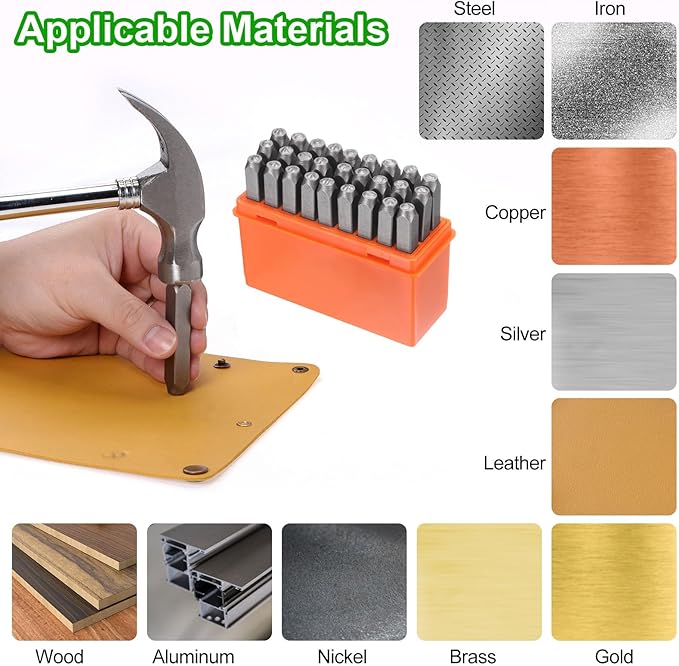 HARFINGTON 36pcs Metal Stamping Kit 1/16" (1.5mm) Steel Uppercase Letter and Number Punch Set (A-Z / 0-8 / "&" Symbol) Punch Press Tool with Case for Imprinting Metal Plastic Wood Leather