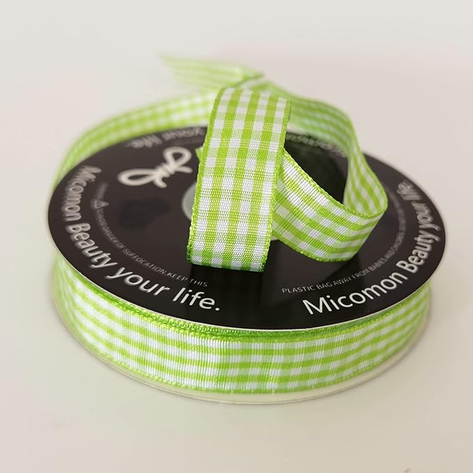 Apple Green Light Green Gingham Plaid Checked Ribbon 25 Yards Each Roll 100% Polyester (5/8",Apple.Green)