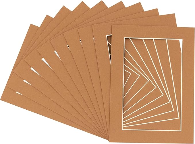 Pack of Ten Acid Free 11x14 Mats Bevel Cut for 8.5x11 Photos - Aged Oak Brown Precut Matboards With Backing Boards and Self Seal Photo Mat Bags For Pictures, Photos, Framing - 4-ply Thickness