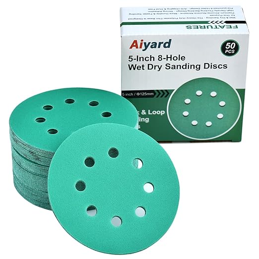 5-Inch 8-Hole Wet Dry Sanding Discs 180 Grit, Polyester Film Backed Heavy-Duty Hook and Loop Sandpaper for Random Orbital Sander, 50-Pack