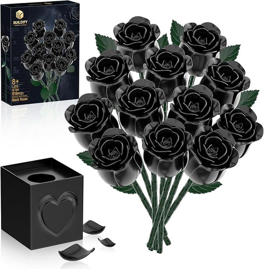 Black Rose Bouquet Building Blocks, Artificial Roses Flowers Botanical Collection Building Set, Gothic Home Decor, Christmas Halloween Birthday Present for Adults Kids Lover