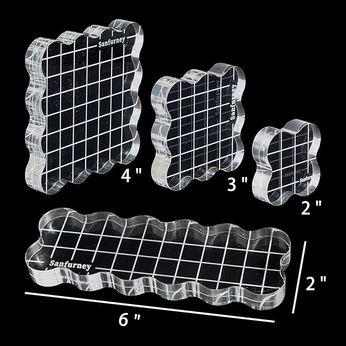 Sanfurney 4 Pieces Acrylic Stamp Blocks Set, 15mm Thick, Clear Stamping Tools with Grid Lines Decorative Stamp Blocks for Scrapbooking Crafts Card Making