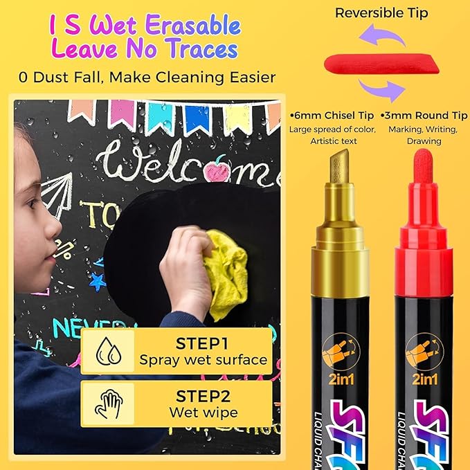 SFAIH 24 Vibrant Chalk Markers for Blackboard [1s Wet Wipe] - No Residue, 6mm Chalk Markers for Chalkboard Calendar, Glass, Window, Menus, Labels, Signs, Car, Non-Toxic, Ideal for Bistro Home School