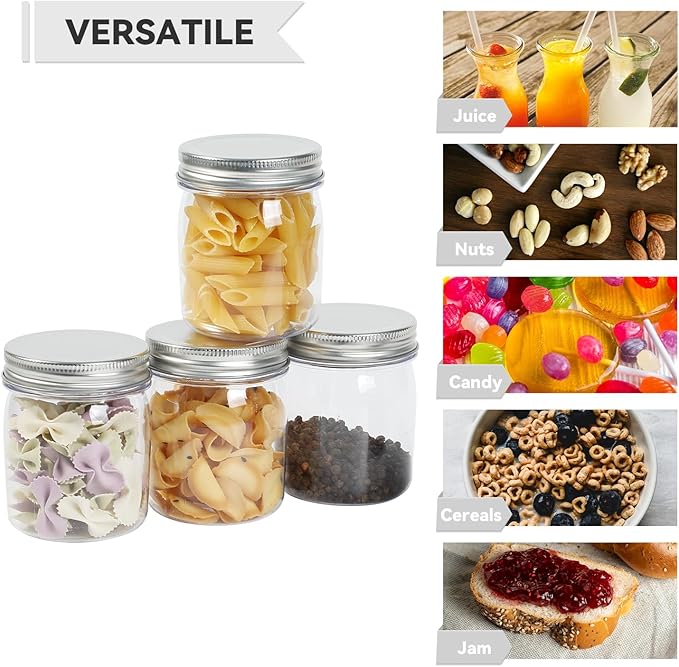 novelinks 8 oz Clear Plastic Jars with Screw-On Lids - BPA-Free Refillable Storage Containers for Slime, Spices, Crafts, Kitchen & Home Organization (32 Pack,Silver)