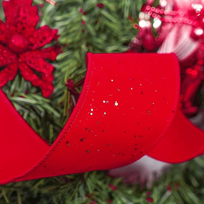 CT CRAFT LLC Red Velvet with Confetti Glitter Wired Ribbon 2.5 Inch x 10 Yards for Christmas Home Decor Tree Topper Bow Gift Wrapping DIY Crafts Wreath Garland