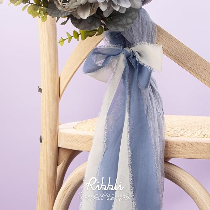 Ribbli Chiffon Silk Ribbon, 1.5 in x 30 Yards, White/Slate Blue/Dusty Blue Fringe, Wedding Invitations, Bridal Bouquets, Flower Arrangement