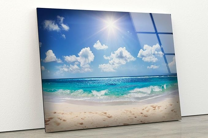My Photostation.com 30Wx24H'' Summer Beach Landscape Glass Wall ArtTempered Glass Printing Wall Decor Large Wall Art Wall Hangings