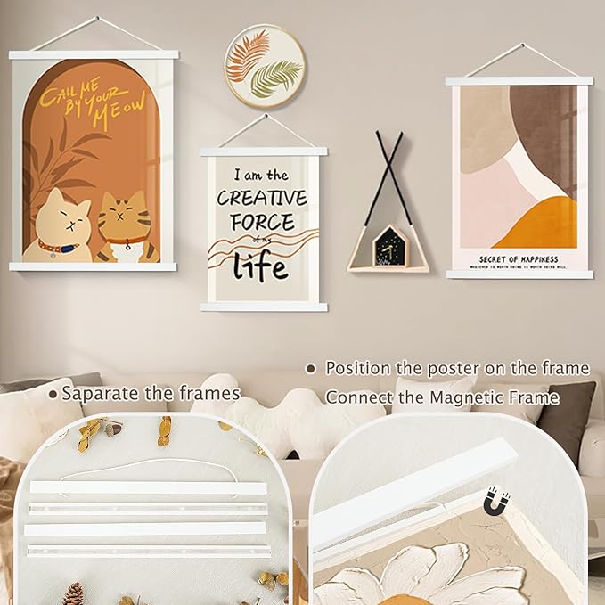 Artmag Magnetic Poster Hanger Frame, 13x19 13x22 13x24 Light Wood Wooden Magnet Canvas Artwork Print Poster Hangers Frames Hanging Kit (White, 13")