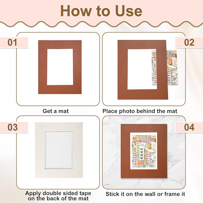 Picture Mats, 8 x 10 for 5 x 7 Pictures Acid Free White Core Bevel Cut Frame Mattes for Display Art Measuring, Black