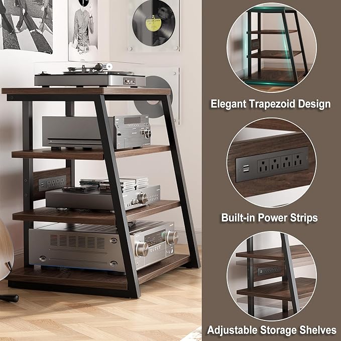 Armocity 4-Tier AV Media Stand with Power Strips, Corner TV Stand with LED Lights, Rack Audio Tower with Adjustable Shelves, Corner Entertainment Center, 30'', Black Walnut