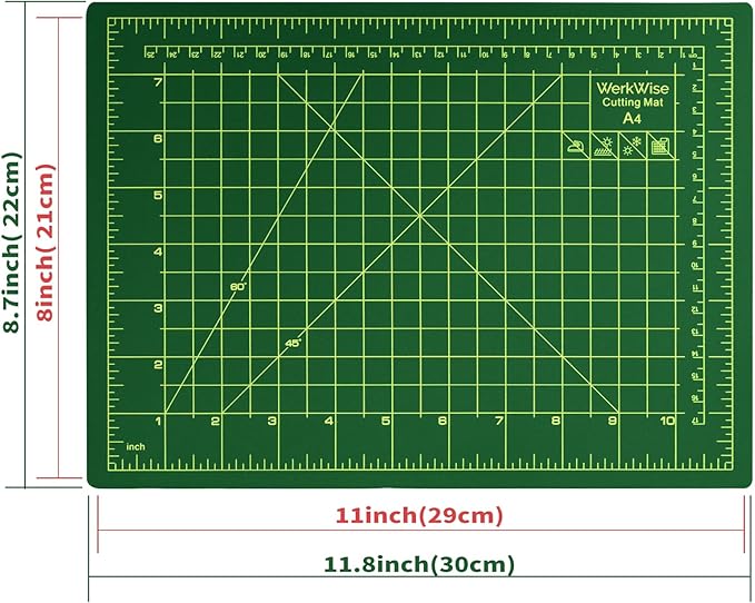 Thickness-Upgraded 9" x 12" Self Healing Sewing Mat, WerkWise Rotary Cutting Mat, Double Sided 5-Ply 9x12 Inch Cutting Board for Quilting, Fabric, & Crafts, Use with Rotary Cutters (Green & Black)