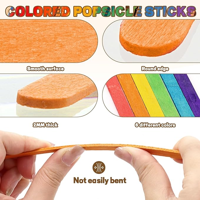 300PCS Colored Sticks for Craft, 3 Sizes (2.5",4.5",6") Colorful Rainbow Popsicle Wooden Sticks Bulk for Home Decoration Project Kid Classroom Art DIY Craft Supplies School Activities