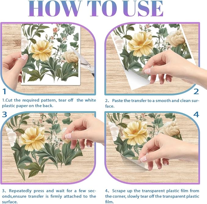 GLOBLELAND 4 Sheets Light Vintage Florals Furniture Transfer 11.8x5.9inch Butterflies Peonies Rub on Transfer Wildflowers UV Self-Adhesive Stickers Wall Art Craft for Bedroom Living Room Desk Table