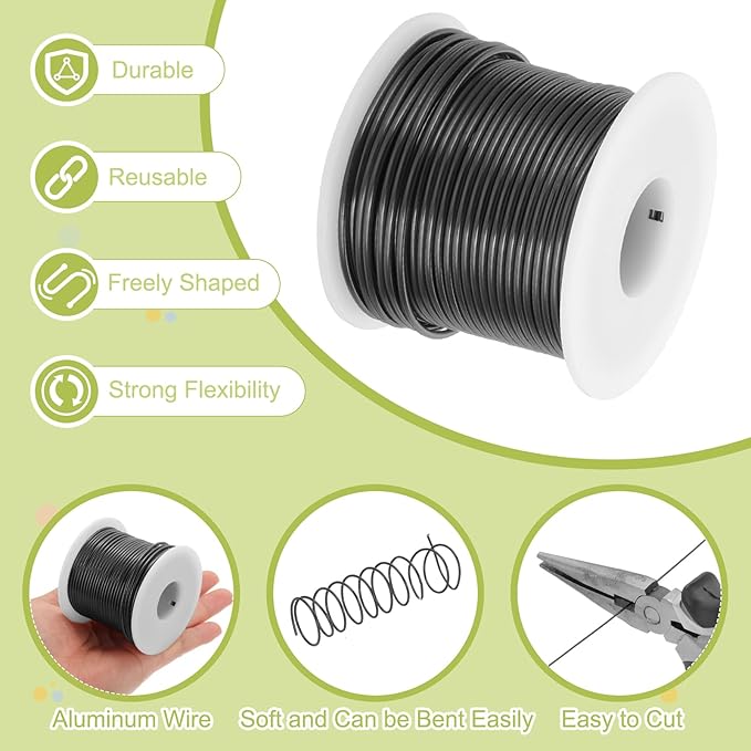 MECCANIXITY 12 Gauge Anodized Aluminum Craft Wire Bendable Bonsai Training Wire 98 Feet 2mm for Sculpting Crafts Wreath Floral Beading Jewelry Making, Black