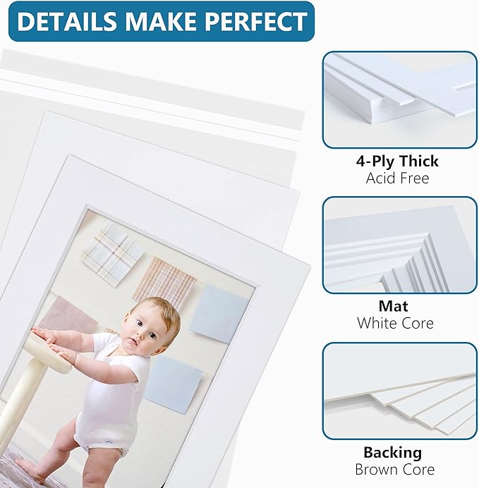 Somime 10 Pack White Photo Board 11x14 Mat for 8.5x11 Photo Mat, White Core Bevel Cut 11x14 Matted Picture Frame Mat Kit Includes 10 Pre Cut Frame Mats & 10 Acid Free Backers & 10 Clear Seal Bags