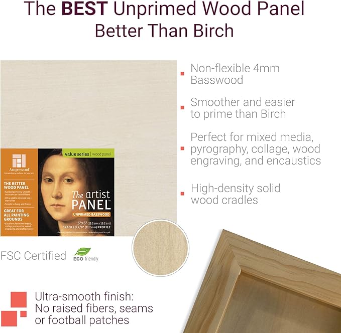 Ampersand Art Supply Unprimed Basswood Artist Panel, 1-1/2" Cradled Profile, 16"x20"