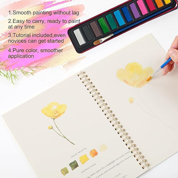 Watercolor Workbooks, Beginner Watercolor Painting Kit – 12 Colors Paint Set with Brush