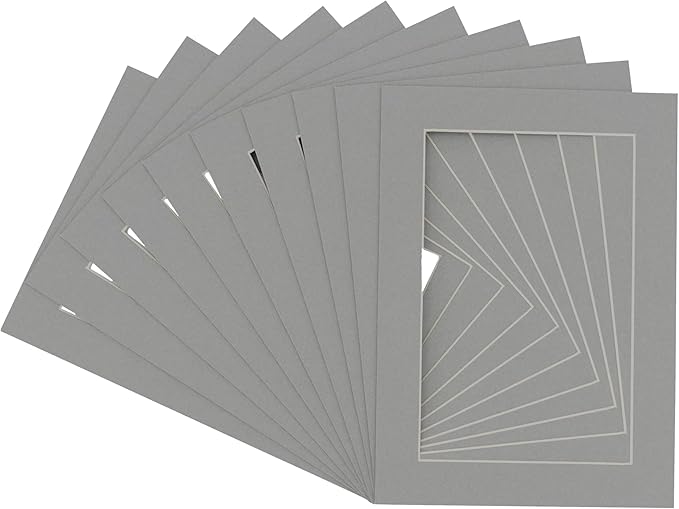 Pack of Ten Acid Free 8x10 Mats Bevel Cut for 5x8 Photos - Mid Grey Precut Matboards With Backing Boards and Self Seal Photo Mat Bags For Pictures, Photos, Framing - 4-ply Thickness